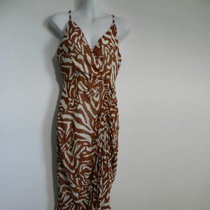 On Twelfth spaghetti strap camel & cream tiger stripe pattern midi sundress